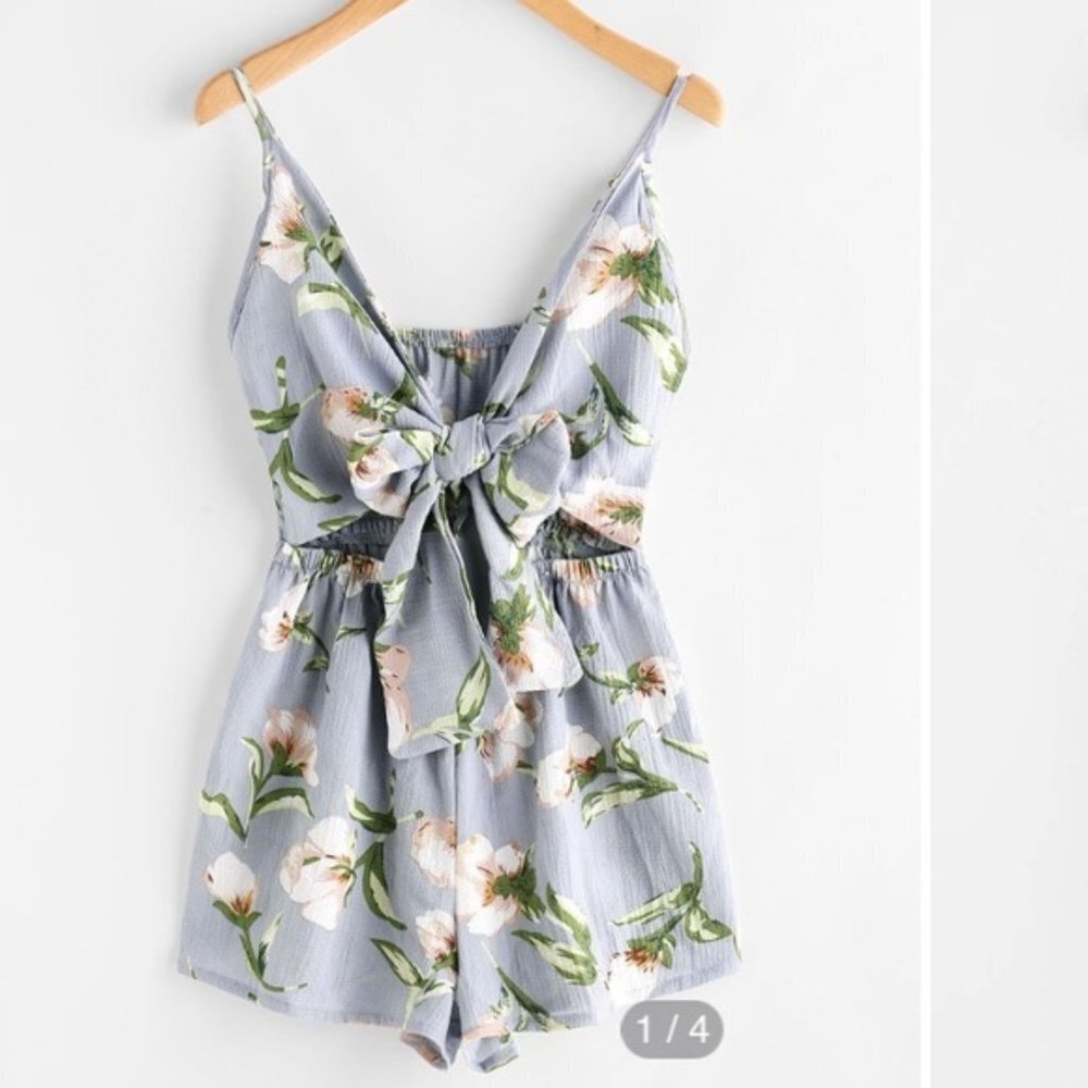 SHEIN Floral Cut Out Knot Front Cami Romper Baby Blue Boho Summer RJUM170616001